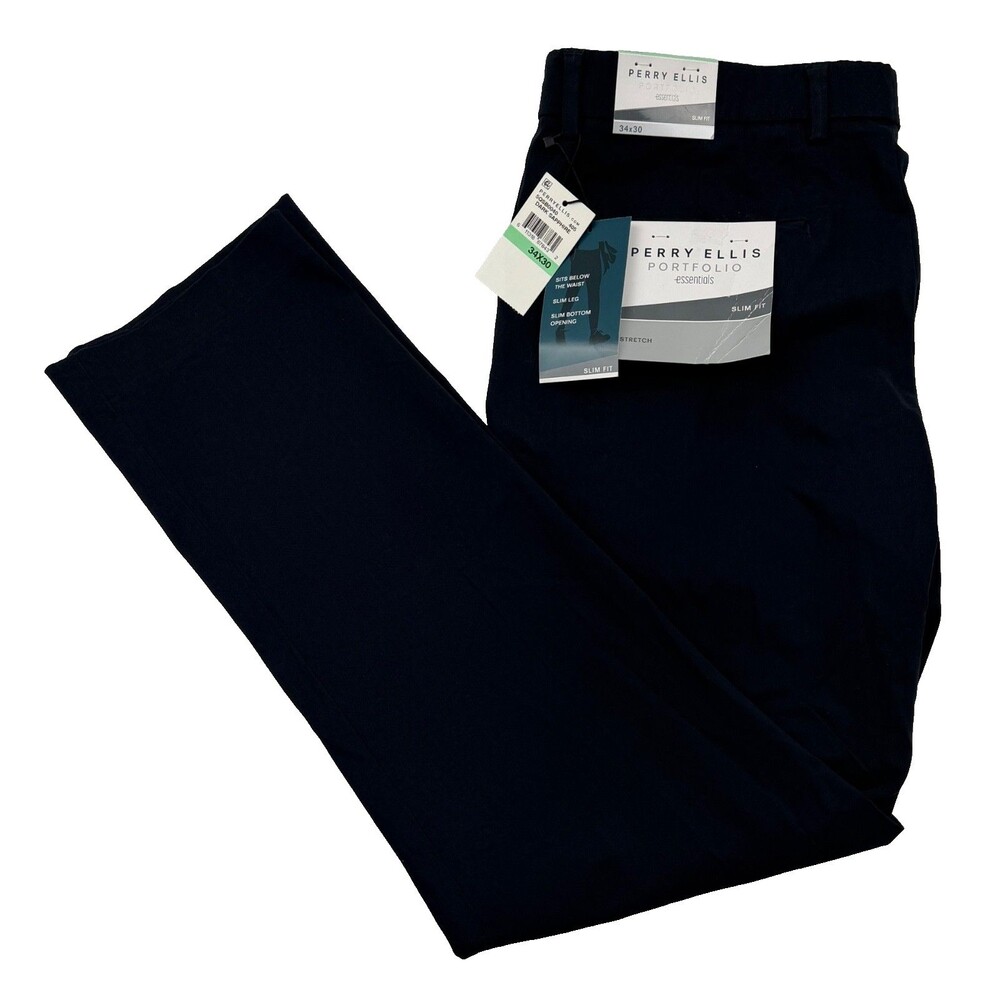 $95 NEW PERRY ELLIS PORTFOLIO Mens 34x30 Solid Navy Stretch Khaki/Chino Pants